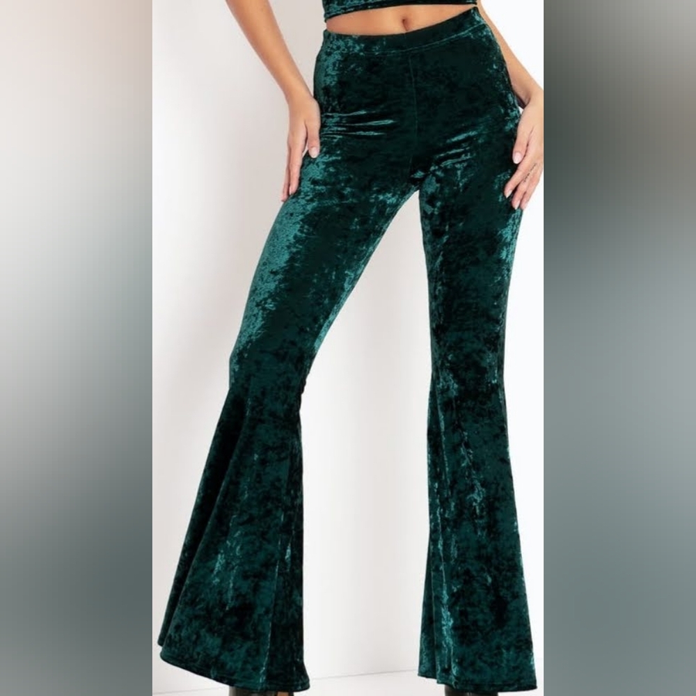 BM S Green Crushed Velvet HW Flare Pants - Limited